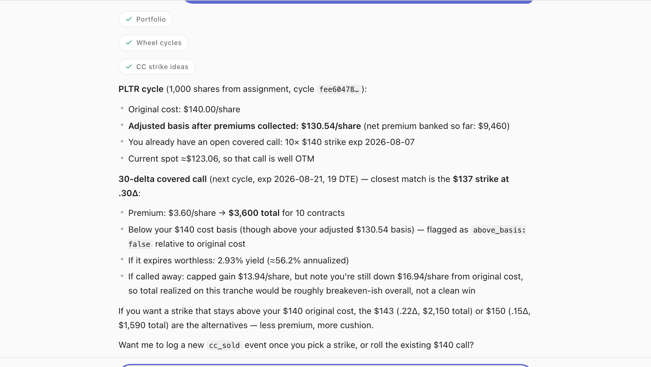 The OptionTracker AI chat answering a question about PLTR cost basis: it calls the wheel-cycles, portfolio and covered-call-strike tools, reports an adjusted basis of $130.54 per share against a $140 assignment, and lays out a 30-delta covered call at the $137 strike for $3,600 total premium and 53.4% annualized.