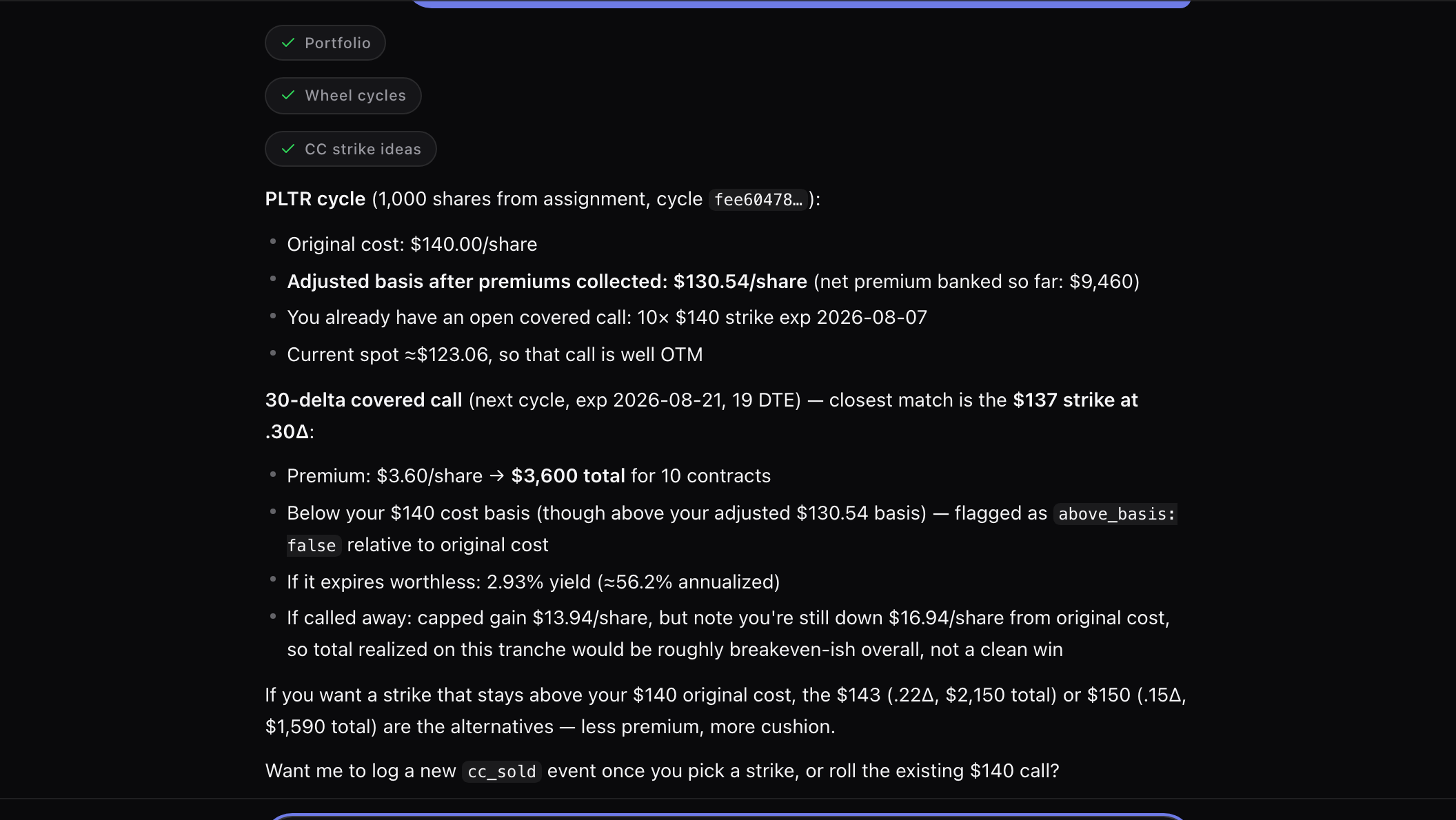 The OptionTracker AI chat answering a question about PLTR cost basis: it calls the wheel-cycles, portfolio and covered-call-strike tools, reports an adjusted basis of $130.54 per share against a $140 assignment, and lays out a 30-delta covered call at the $137 strike for $3,600 total premium and 53.4% annualized.