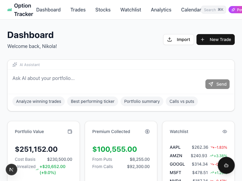 Dashboard showing imported trades with P&L tracking