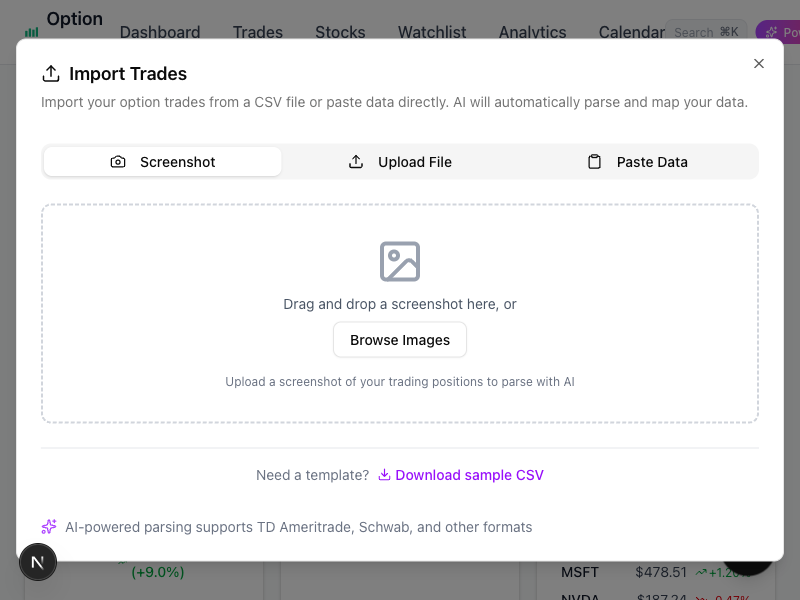Import dialog showing screenshot upload with AI parsing