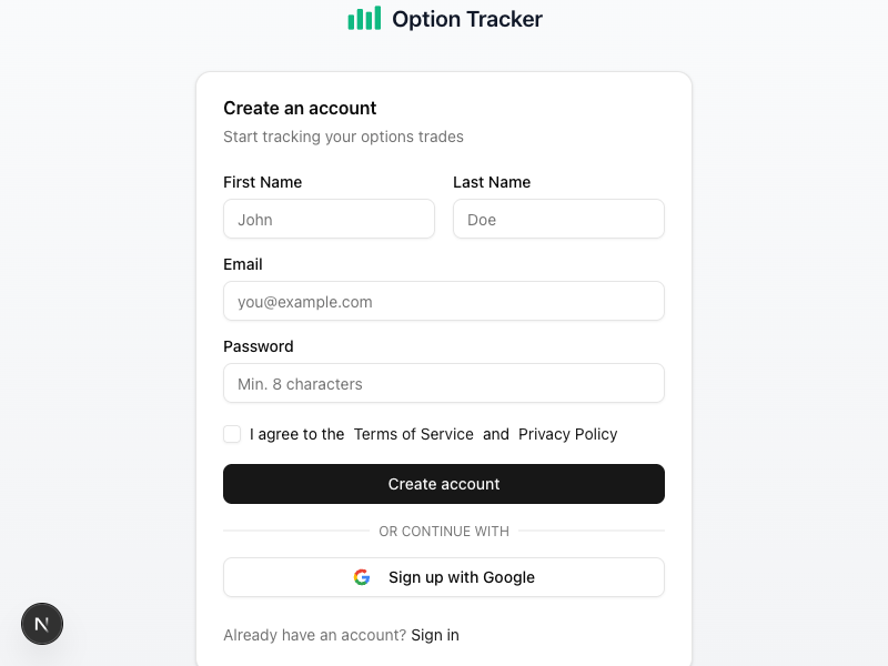 Sign up page with email and Google sign-in options