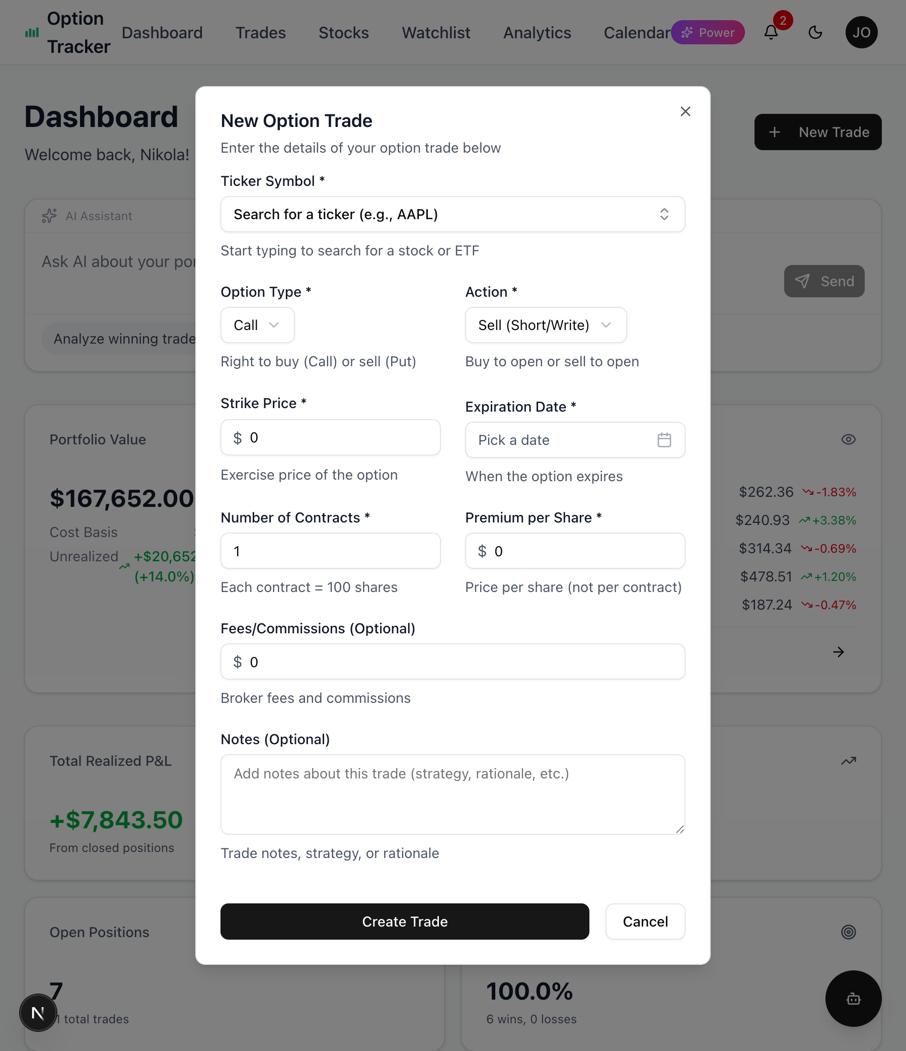 New Option Trade form with ticker search, option type, strike price, and premium fields