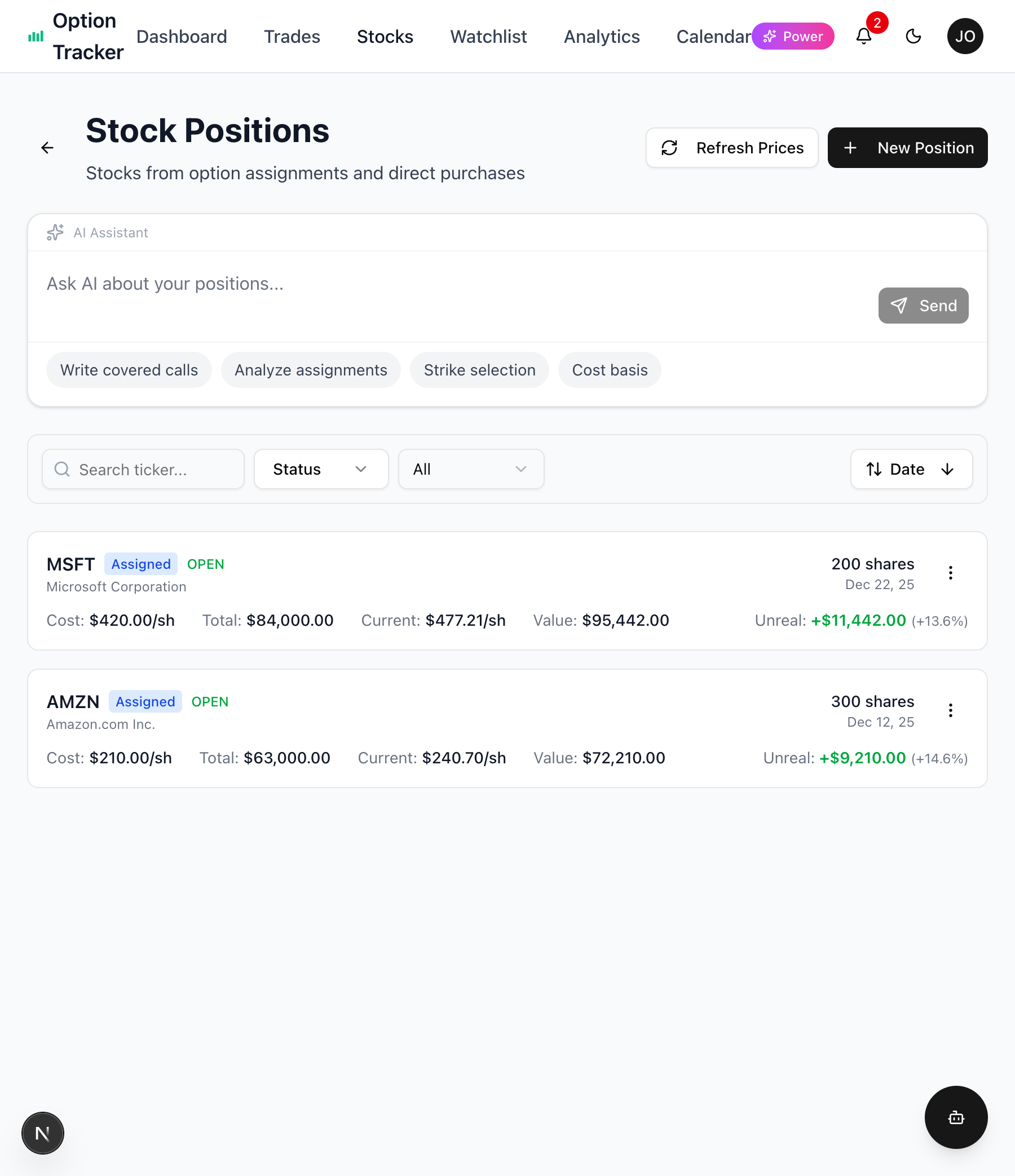 Stock Positions page showing MSFT and AMZN positions from option assignments