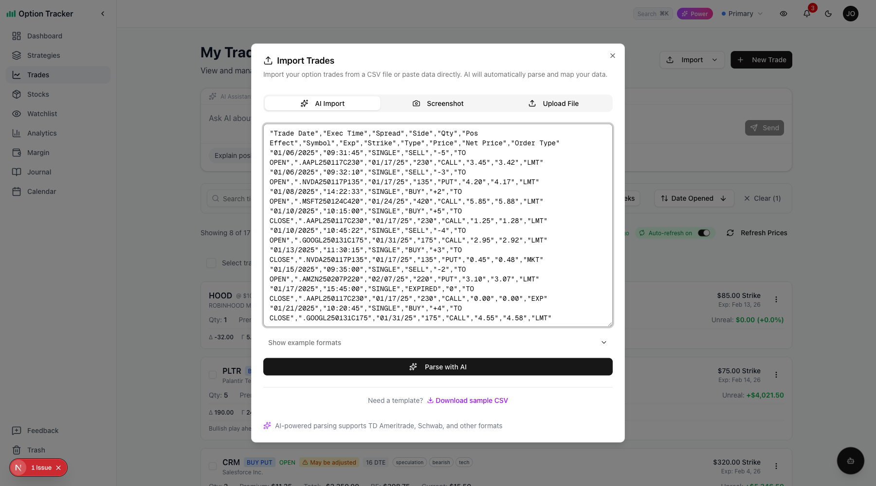 Data Pasted in Import Dialog