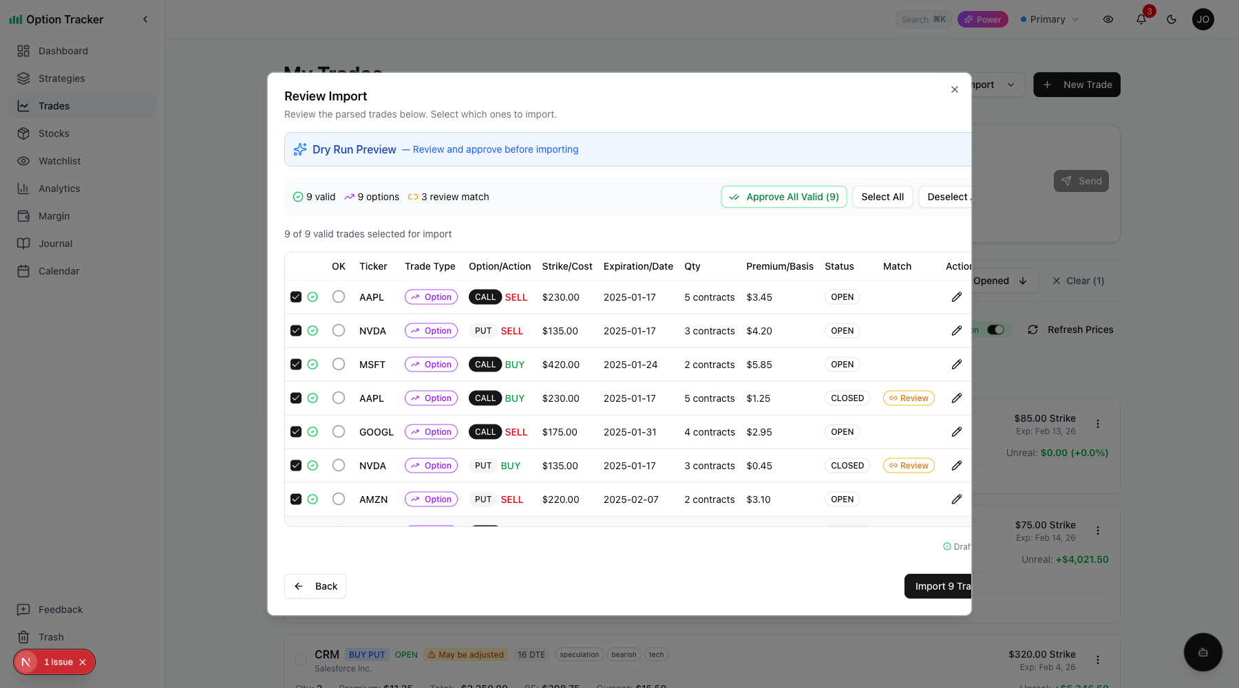 Import Preview with Parsed Trades