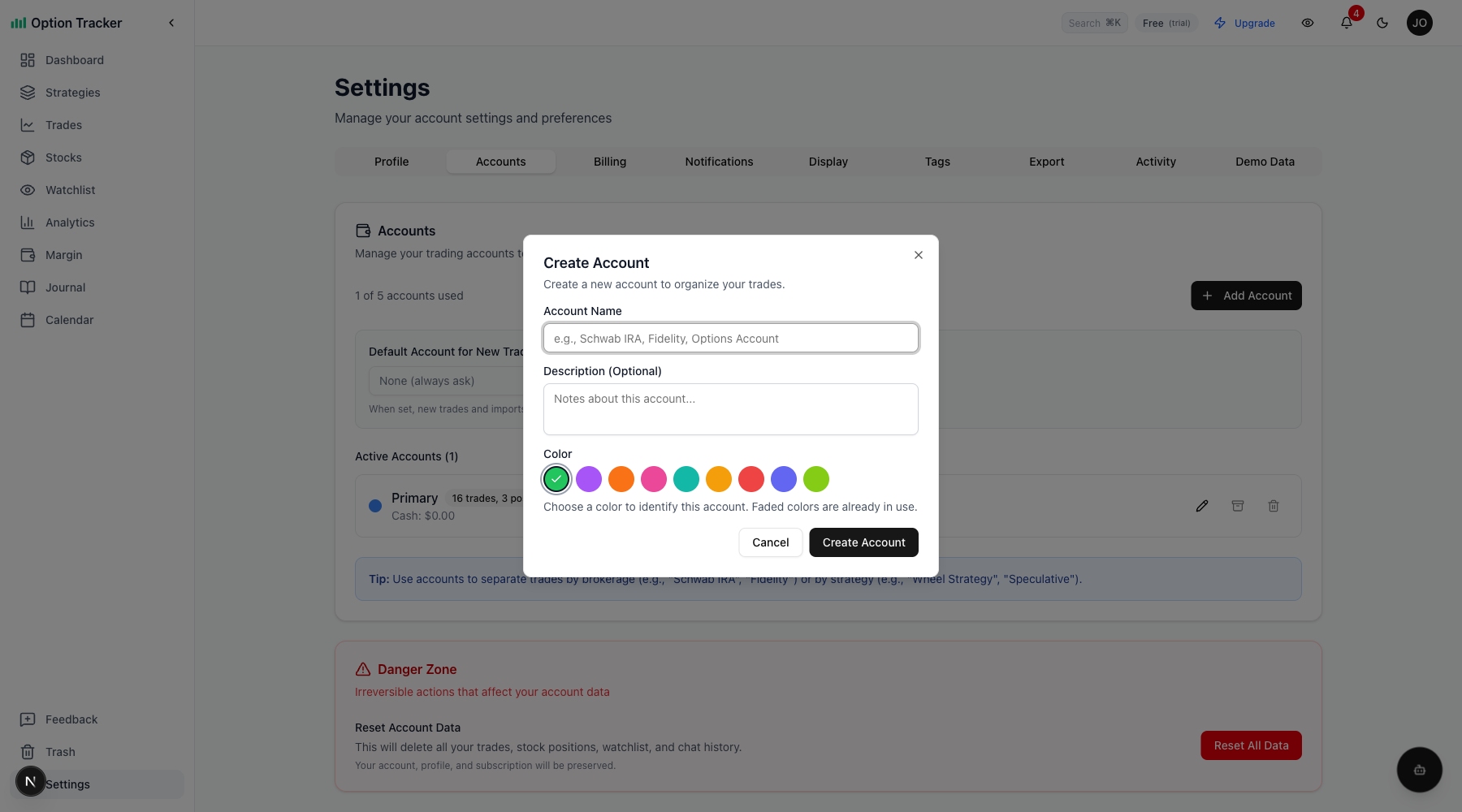 Create Account Dialog
